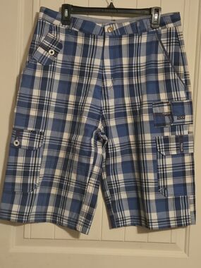 Men's Blue Plaid Flat Front Cargo Shorts